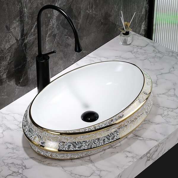 BPS-koupelny Keramické umývadlo na dosku YOKO WH MOD5 GL 600 60x40 cm, biele/zlatý dekor