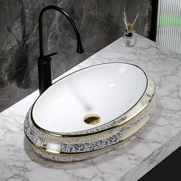 BPS-koupelny Keramické umývadlo na dosku YOKO WH MOD5 GL 600 60x40 cm, biele/zlatý dekor