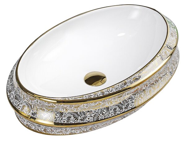 BPS-koupelny Keramické umývadlo na dosku YOKO WH MOD5 GL 600 60x40 cm, biele/zlatý dekor