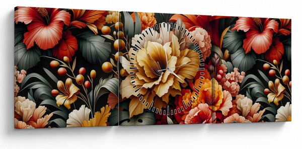 Obraz - Oranžovo-červené kvety (s hodinami) (90x30 cm)