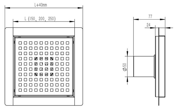 BPS-koupelny Štvorcový sprchový odtokový žľab DL08 QUBE G3 ST 15x15 cm, satén
