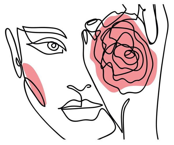 Obraz - Line art tvár s ružou (120x50 cm)