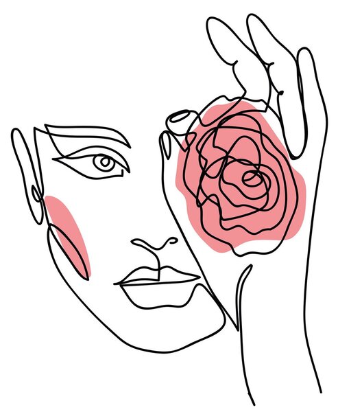 Obraz - Line art tvár s ružou (70x50 cm)