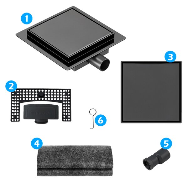 BPS-koupelny Štvorcový sprchový odtokový žľab 2in1 DL06 FIX G1 BL 15x15 cm, čierny