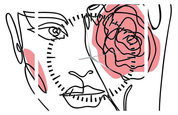 Obraz - Line art tvár s ružou (s hodinami) (90x30 cm)