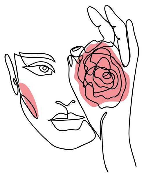 Obraz - Line art tvár s ružou (90x60 cm)