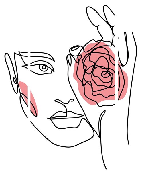 Obraz - Line art tvár s ružou (90x60 cm)