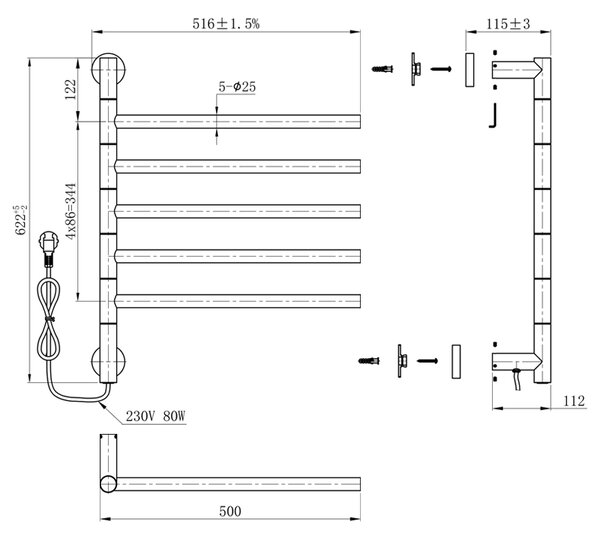 BPS-koupelny Elektrický kúpeľňový radiátor DORIAN BL 1 230W, 51,6x62,2 cm, čierny