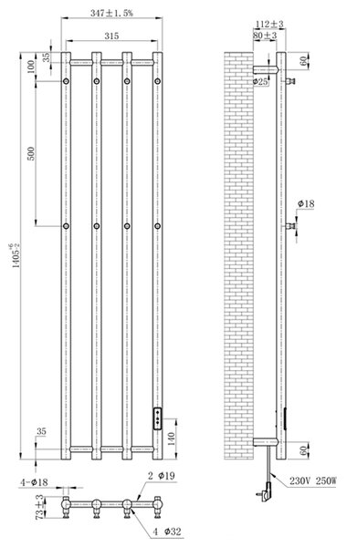 BPS-koupelny Elektrický kúpeľňový radiátor KASJAN BL 2 250W, 34,6x140,5 cm, čierny