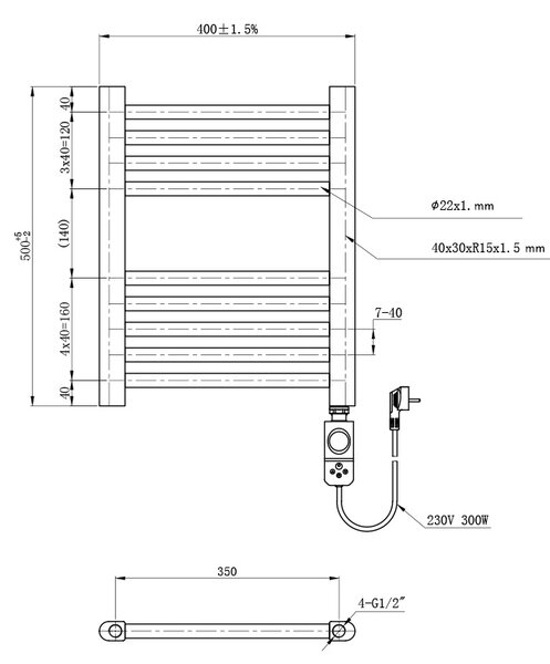 BPS-koupelny Elektrický kúpeľňový radiátor MANAM BL 300W, 40x50 cm, čierny