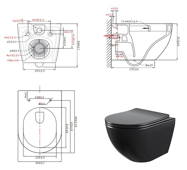 BPS-koupelny Závesná WC misa so SoftClose sedadlom NERO MTB 03, čierna matná