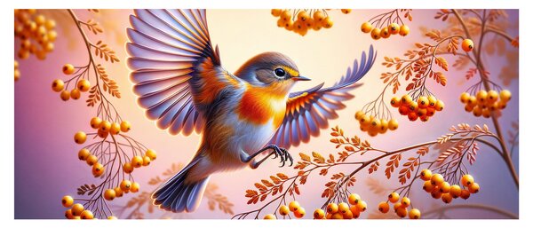 Obraz - Vták s jarabinou (120x50 cm)