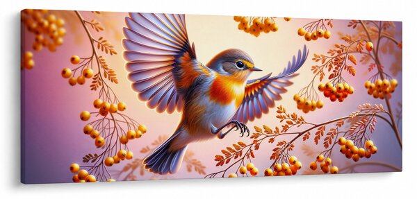 Obraz - Vták s jarabinou (120x50 cm)