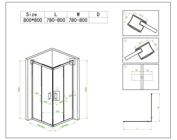 BPS-koupelny Štvorcový sprchový kút KZ93A 80x80 chróm/transparent + vanička SXL02A BL čierna