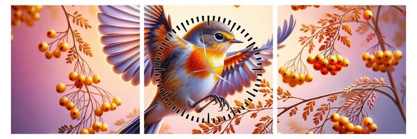 Obraz - Vták s jarabinou (s hodinami) (90x30 cm)