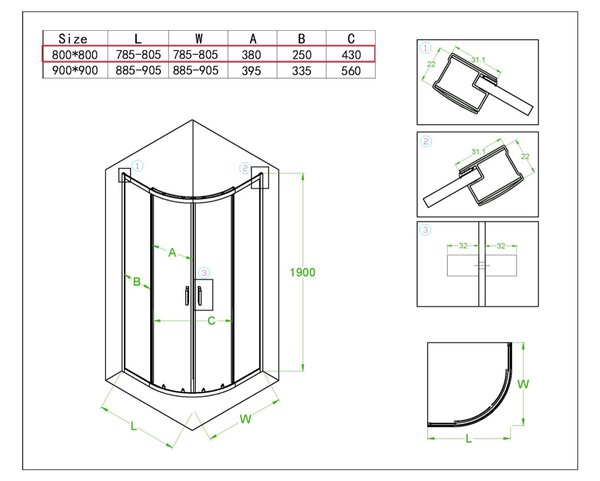 BPS-koupelny Štvrťkruhový sprchový kút KZ94A WH 80x80 cm biely/transparent + vanička SXL01A WH biela