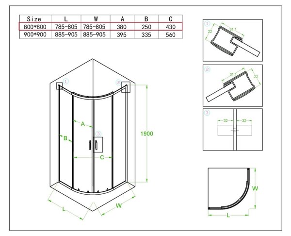 BPS-koupelny Štvrťkruhový sprchový kút KZ94A 80x80 cm chróm/transparent + vanička ST01A WH biela