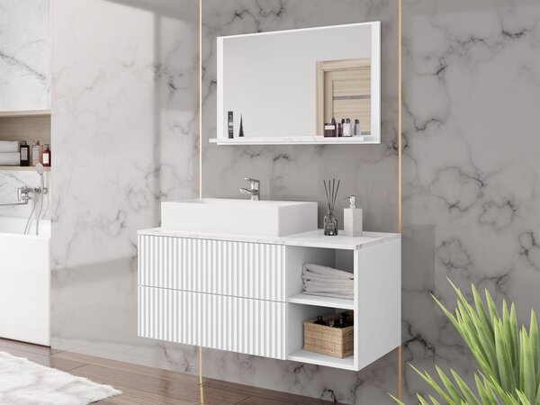 Mirjan24 Kúpeľňová zostava Kiegi Ryfel I, Farby: orech warmia drážky / orech warmia + bianco mramor, Sifón: bez sifónu, Umývadlo: nie 5903211379321