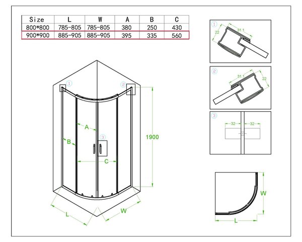 BPS-koupelny Štvrťkruhový sprchový kút KZ94B WH 90x90 cm biely/transparent + vanička ST01B WH biela