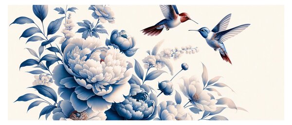 Obraz - Kolibríky nad kvetinou (120x50 cm)