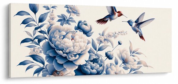 Obraz - Kolibríky nad kvetinou (120x50 cm)