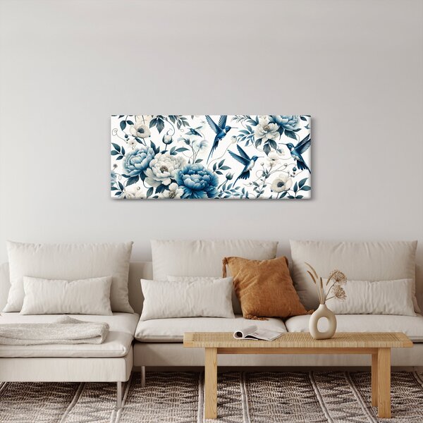 Obraz - Kolibríky s kvetmi (120x50 cm)