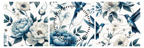 Obraz - Kolibríky s kvetmi (s hodinami) (90x30 cm)