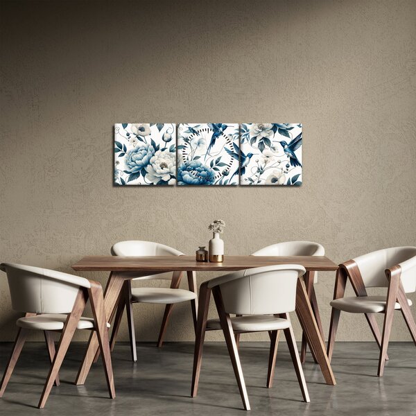 Obraz - Kolibríky s kvetmi (s hodinami) (90x30 cm)