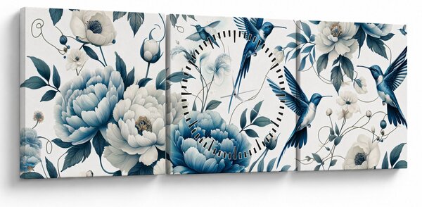 Obraz - Kolibríky s kvetmi (s hodinami) (90x30 cm)