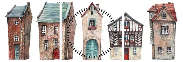 Obraz - Akvarelové domčeky (s hodinami) (90x30 cm)