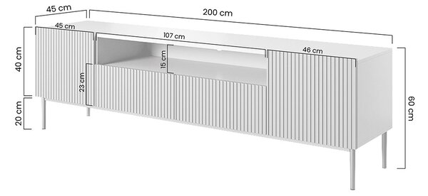 TV stolík Nicole 200 cm s otvorenou policou - biely mat / čierna