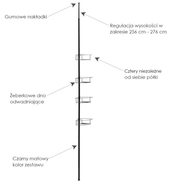 Erga Scopic, rohová teleskopická sprchová tyč 4 policová XL, čierna matná, ERG-YKA-CH.SCOPIC-XL-BLK