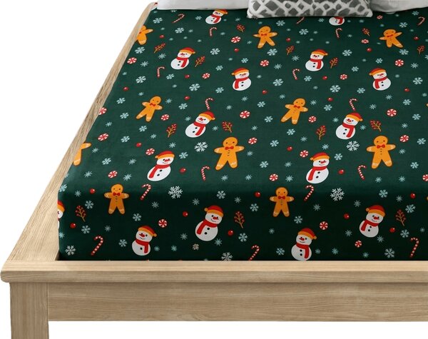 Napínacia obliečka z mikrovlákna SNOWMAN AND GINGERBREAD zelené 90x200 cm