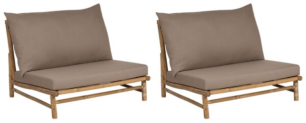 Súprava 2 nízkych kresiel svetlé bambusové drevo tmavosivé sedacie vankúše vnútorný a vonkajší dizajn moderný rustikálny štýl