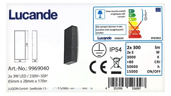 Lucande Lucande - LED Vonkajšie nástenné svietidlo CORDA 2xLED/3W/230V IP54 LW0264 + záruka 3 roky zadarmo