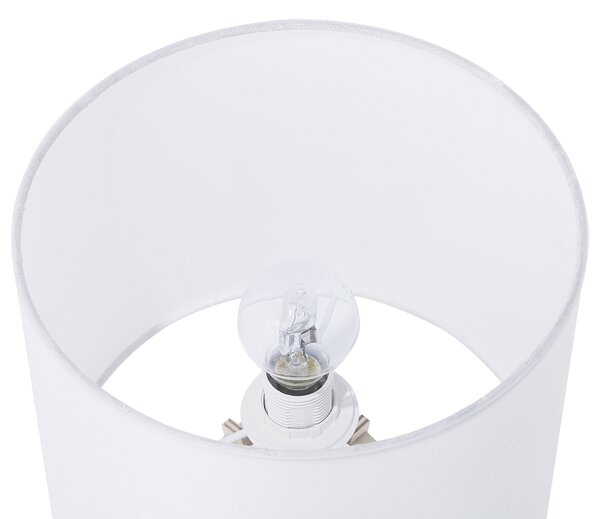 Stolná lampa biele látkové tienidlo svetlý drevený podstavec súčasné moderné svietidlo