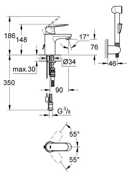 GROHE Eurosmart Cosmopolitan - Páková umývadlová batéria, veľkosť S, chróm 23125000