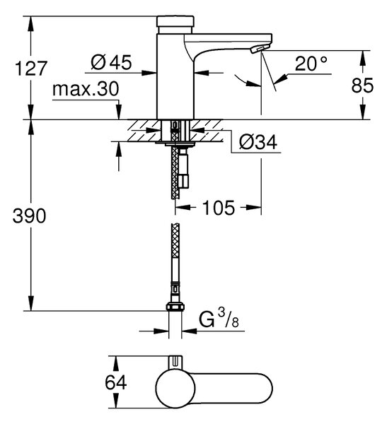 GROHE Eurosmart Cosmopolitan T- Jednopáková umývadlová batéria s miešacím zariadením a nastaviteľným obmedzovačom teploty, chróm 36317000