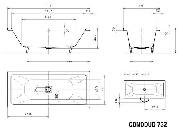 Kaldewei Conoduo - Vaňa 1700x750 mm, Perl-effekt, alpská biela 235000013001