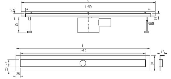 Sprchový žľab SLOT L - K STENE s horizontálnou a vertikálnou prírubou, 60 cm