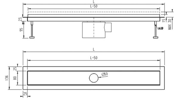 Sprchový žľab LIFT s horizontálnou prírubou, 60 cm