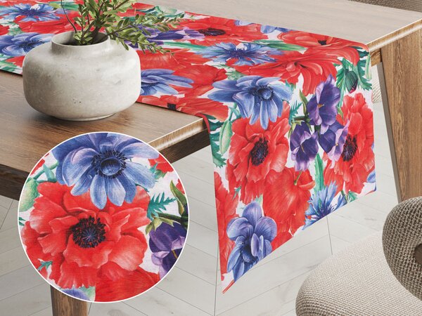 Biante Dekoračný behúň na stôl Leona LN-094 Veľké červené a fialové kvety na bielom 20x120 cm