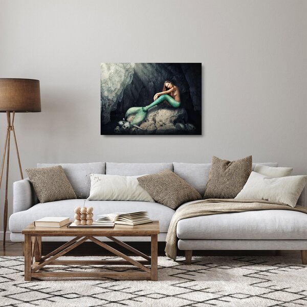 Sklenený obraz - Morská panna na skale (70x50 cm)