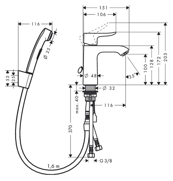 Hansgrohe Metris - Umývadlová batéria s ručnou sprchou Bidette a sprchovou hadicou 160 cm, chróm31285000