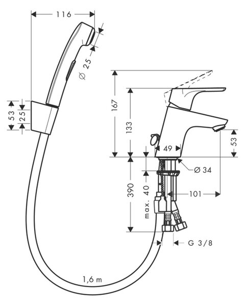 Hansgrohe Focus - Páková umývadlová batéria 70 s ručnou sprchou Bidette a sprchovou hadicou 160 cm, chróm 31926000