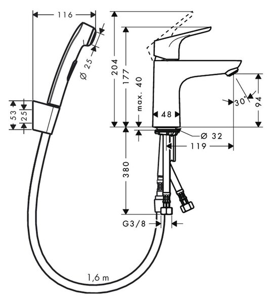 Hansgrohe Focus - Páková umývadlová batéria 100 s ručnou sprchou Bidette a sprchovou hadicou 160 cm, chróm 31927000