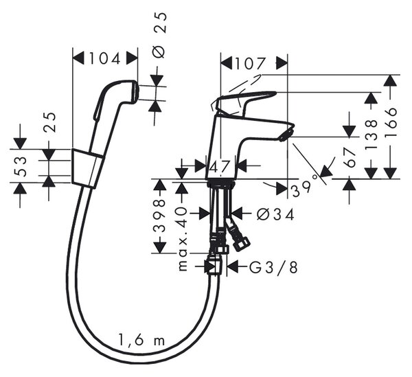Hansgrohe Logis - Páková umývadlová batéria s ručnou sprchou Bidette a sprchovou hadicou 160 cm, chróm 71290000