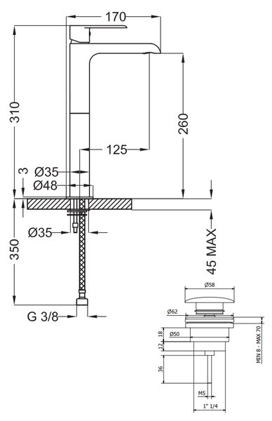 Teorema XS - Umývadlová batéria stojanková s Push-Open zátkou, pre voľne stojace umývadlá, výška 260 mm, nikel matný 8X341
