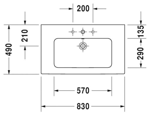 Duravit ME by Starck - Umývadlo 830x490 mm, 3 otvory pre batériu prepichnuté, biela 2336830030