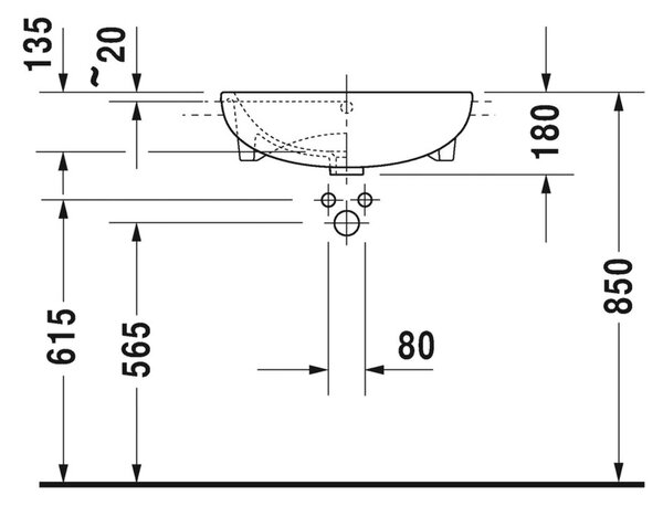 Duravit ME by Starck - Polozápustné umývadlo 550x455 mm, 1 otvor na batériu prepichnutý, biela 0378550000